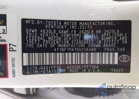 2013 Toyota Camry Se from USA, damaged, VIN 4T1BF1FK1DU236480
